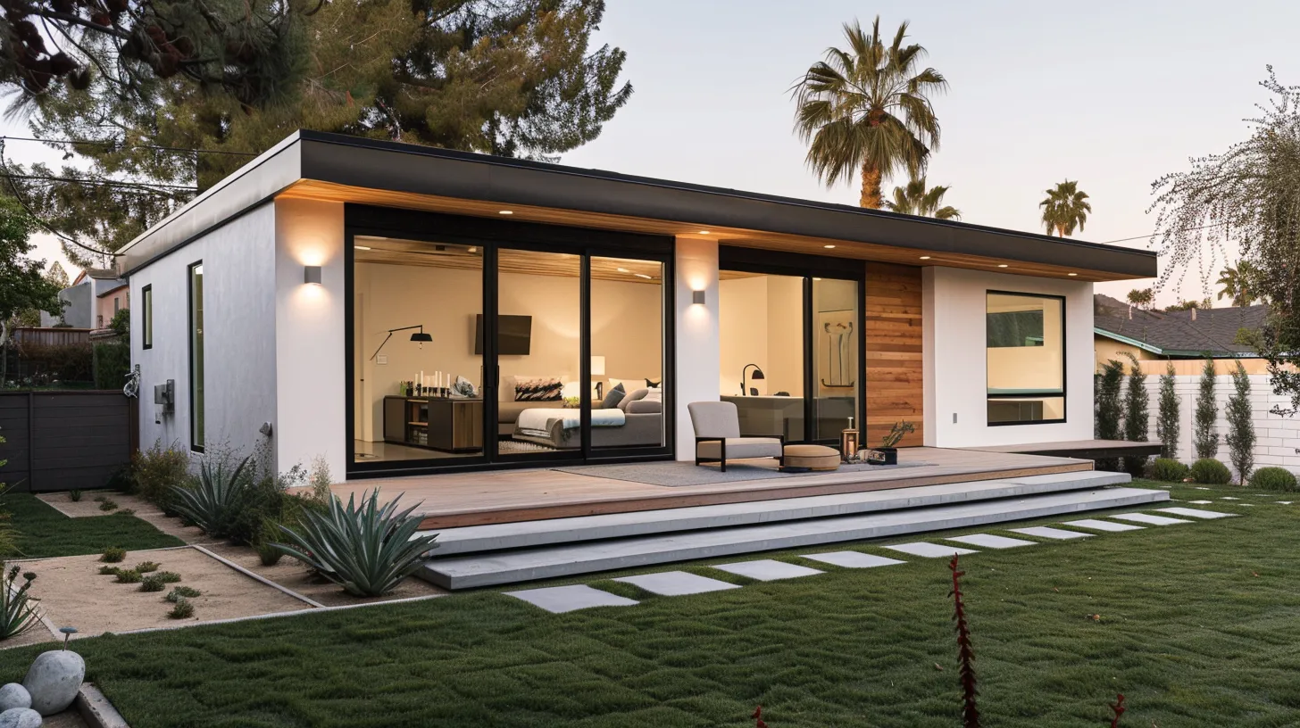 Modern backyard ADU with large glass sliding doors, outdoor seating on wooden deck, and landscaped lawn with palm trees.