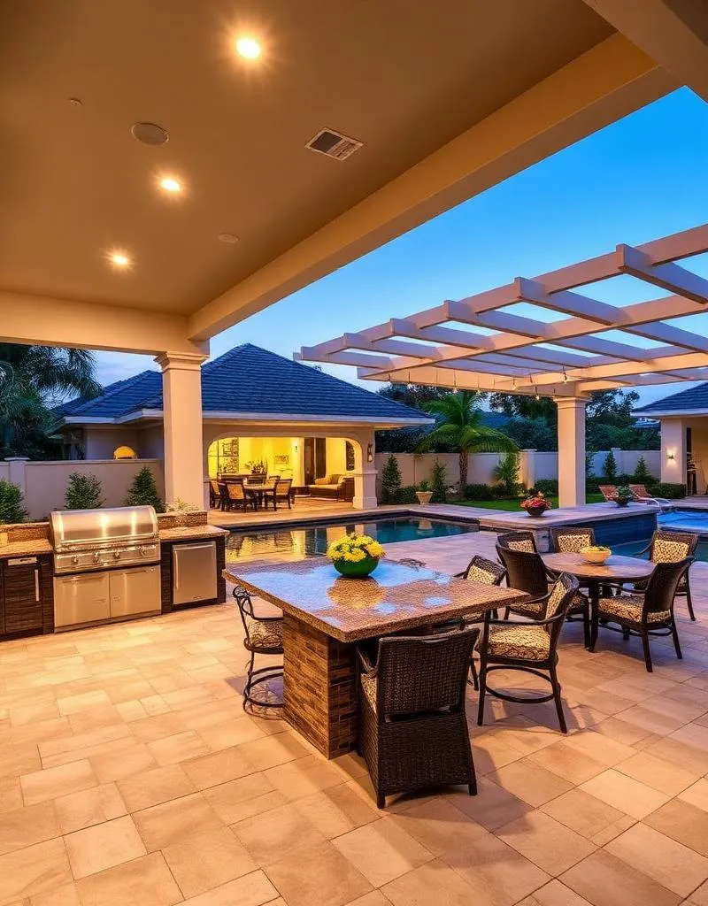 Well-lit outdoor patio with dining tables, chairs, built-in grill, and a swimming pool in a backyard at twilight.