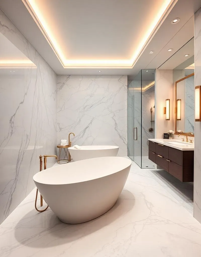 Modern luxury bathroom with two freestanding oval bathtubs, marble walls and floor, glass shower enclosure, dark wood vanity with dual sinks, and warm recessed ceiling lighting.