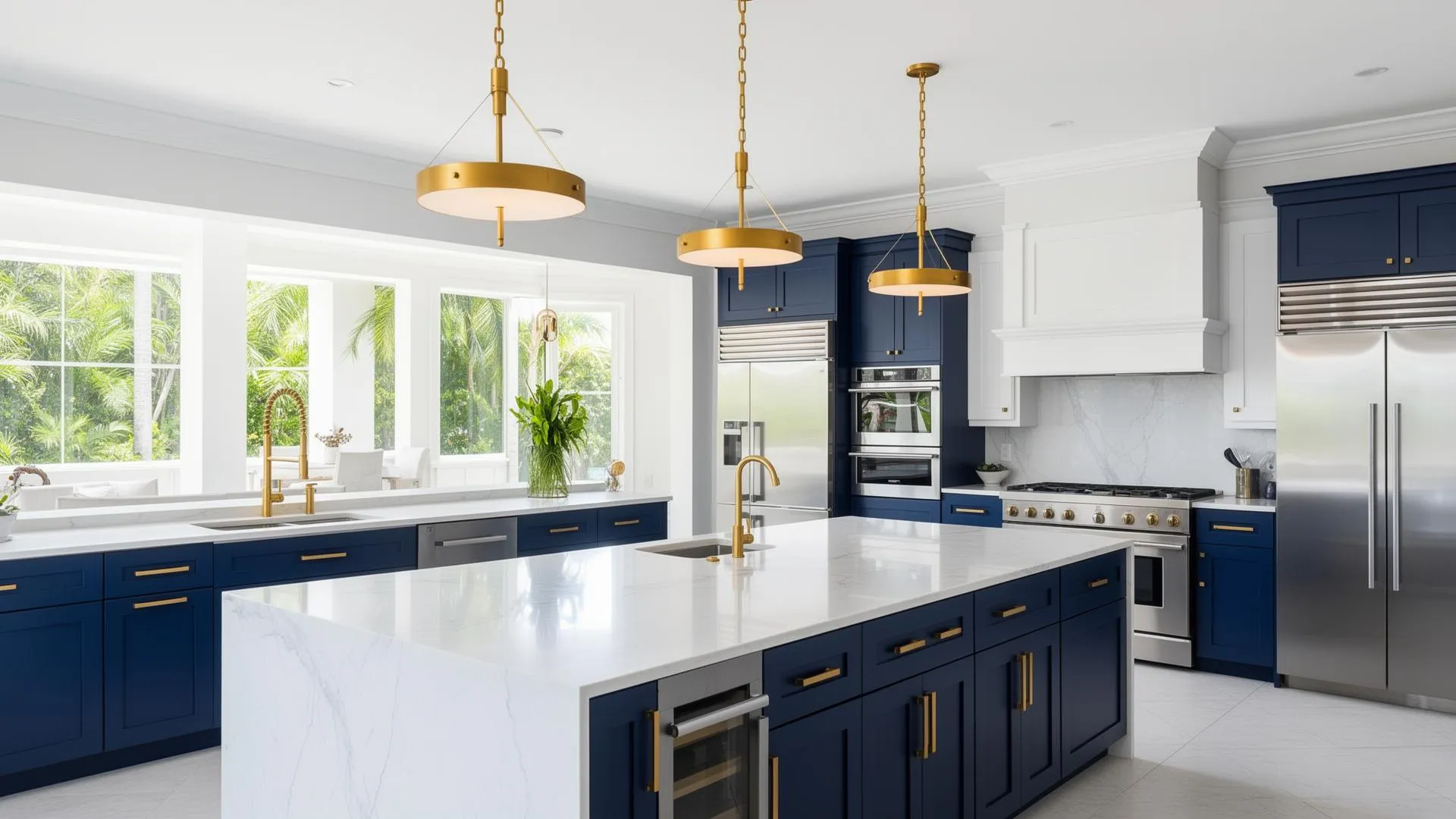 Modern kitchen with navy blue cabinets, white marble countertops, gold fixtures, and large windows showing lush greenery outside.
