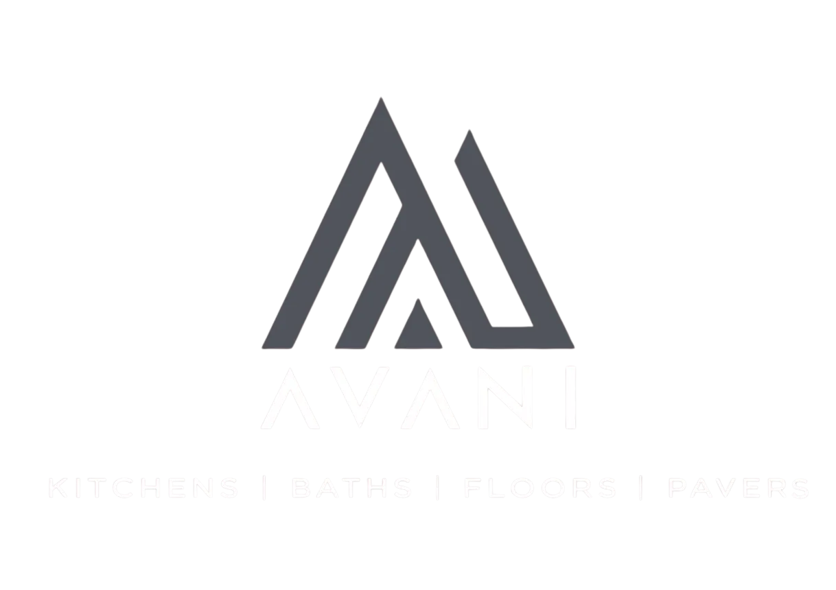 Avani logo with stylized A and V shapes above text 'AVANI' and services listed as Kitchens, Baths, Floors, Pavers.