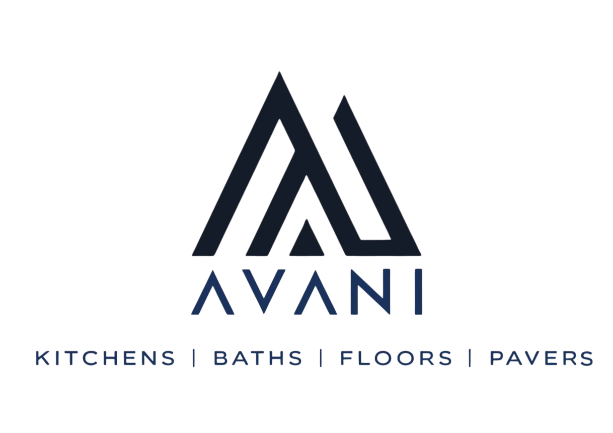 Avani logo with stylized letters forming a triangular shape above text 'AVANI' and the words 'Kitchens | Baths | Floors | Pavers' below.