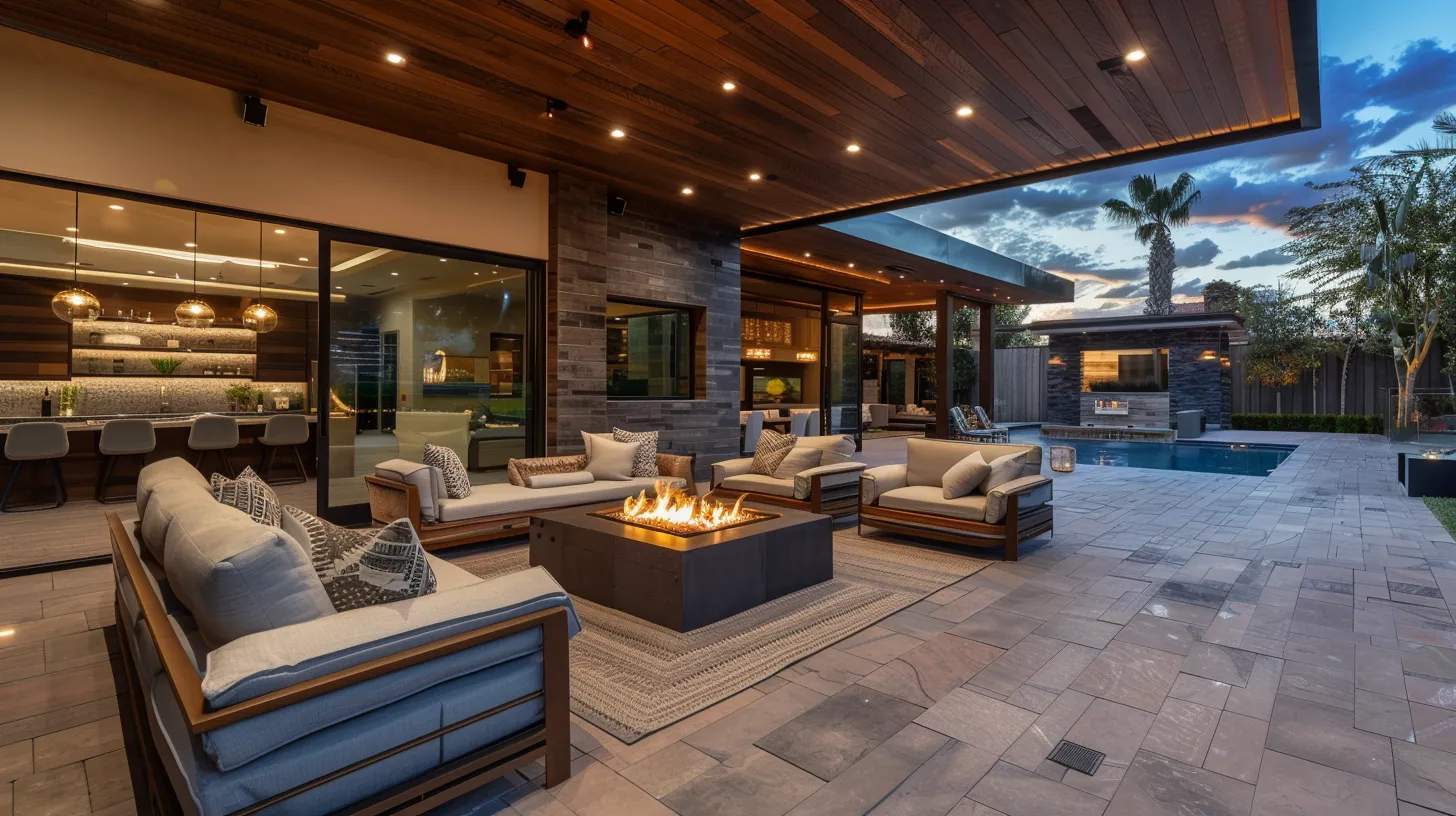 Modern outdoor patio with cushioned sofas around a fire pit, a pool, and a stylish kitchen visible through glass doors at dusk.