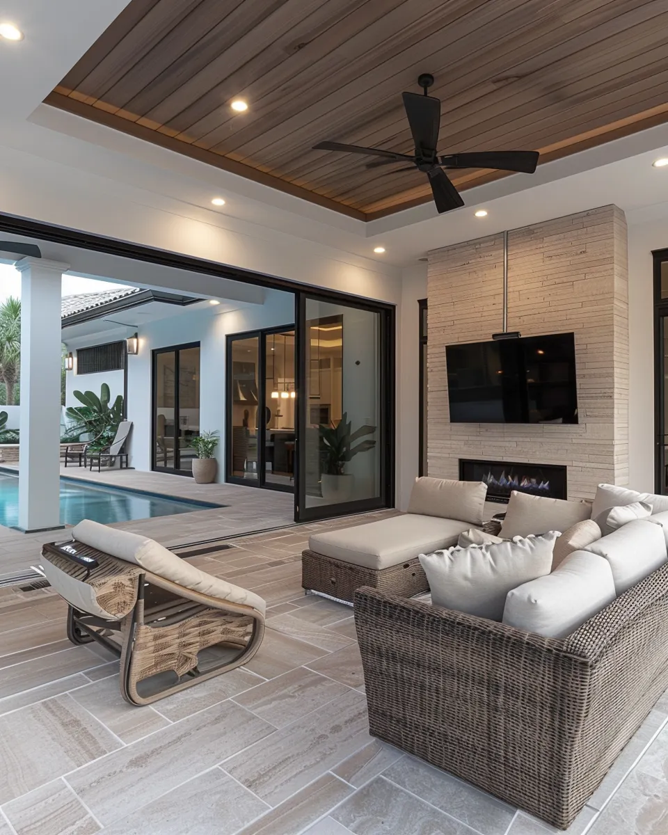 Modern outdoor patio with rattan sectional sofa, cushioned chair, ceiling fan, wall-mounted TV, fireplace, and sliding glass doors opening to a pool.