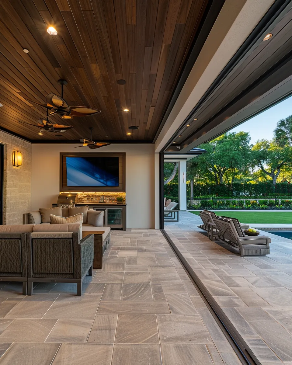 Modern outdoor patio with wooden ceiling fans, cushioned seating, built-in TV, and view of poolside lounge chairs and green lawn.