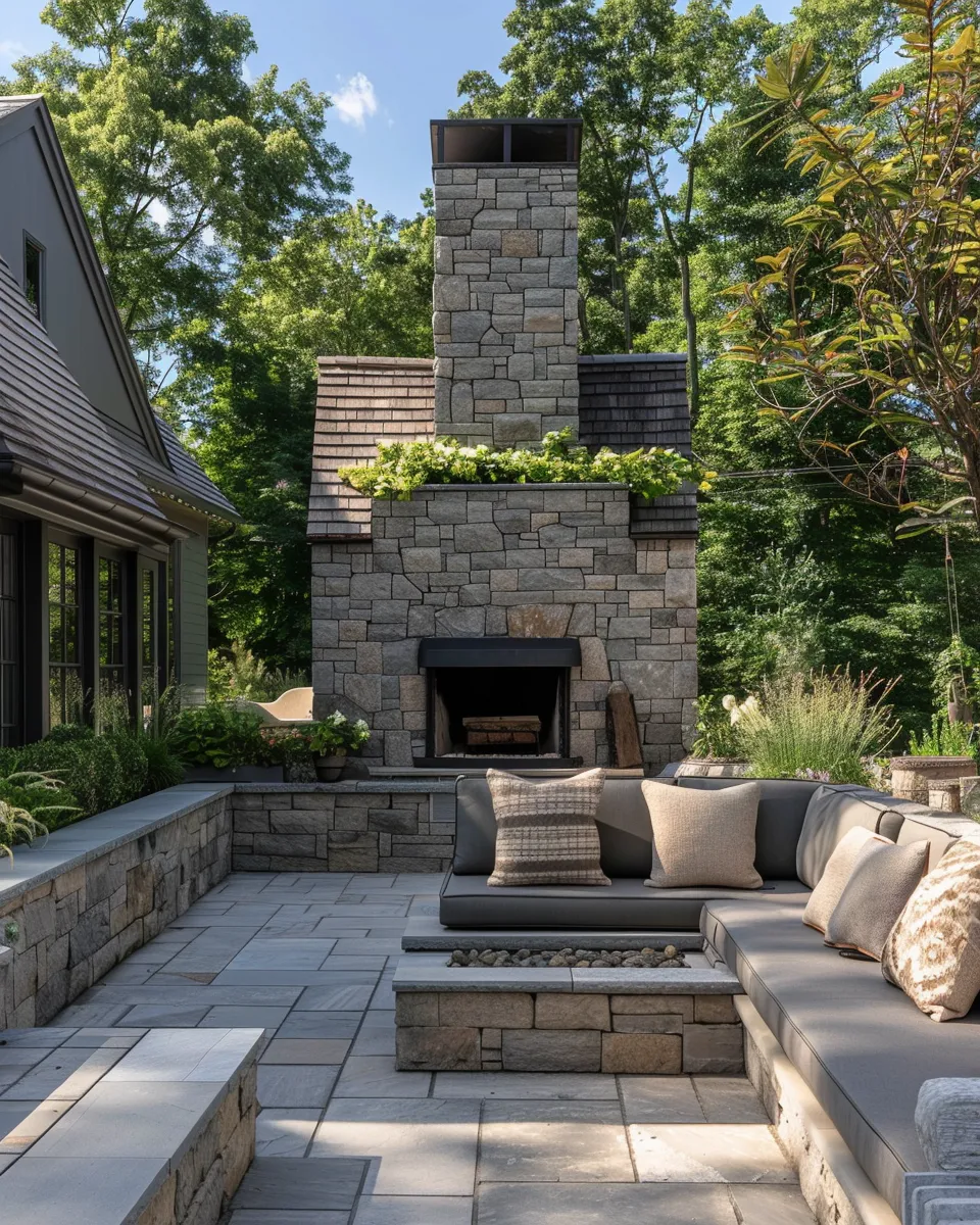 Outdoor stone patio with a large stone fireplace, built-in seating with gray cushions and pillows, surrounded by greenery.