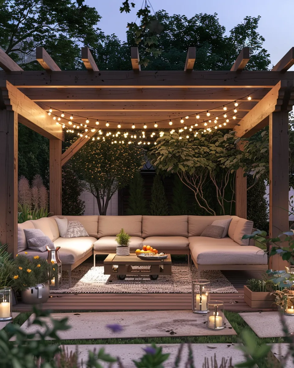 Cozy outdoor seating area with beige sectional sofa under a wooden pergola decorated with string lights and surrounded by plants.