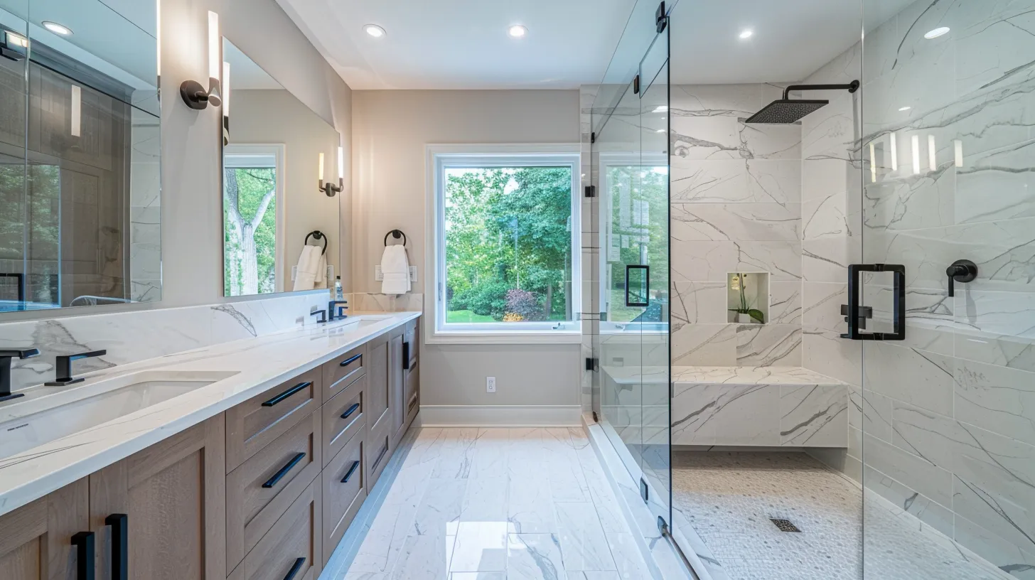 Modern bathroom with double vanity, large mirror, and glass-enclosed marble shower with bench and rain shower head, bright window showing greenery outside.