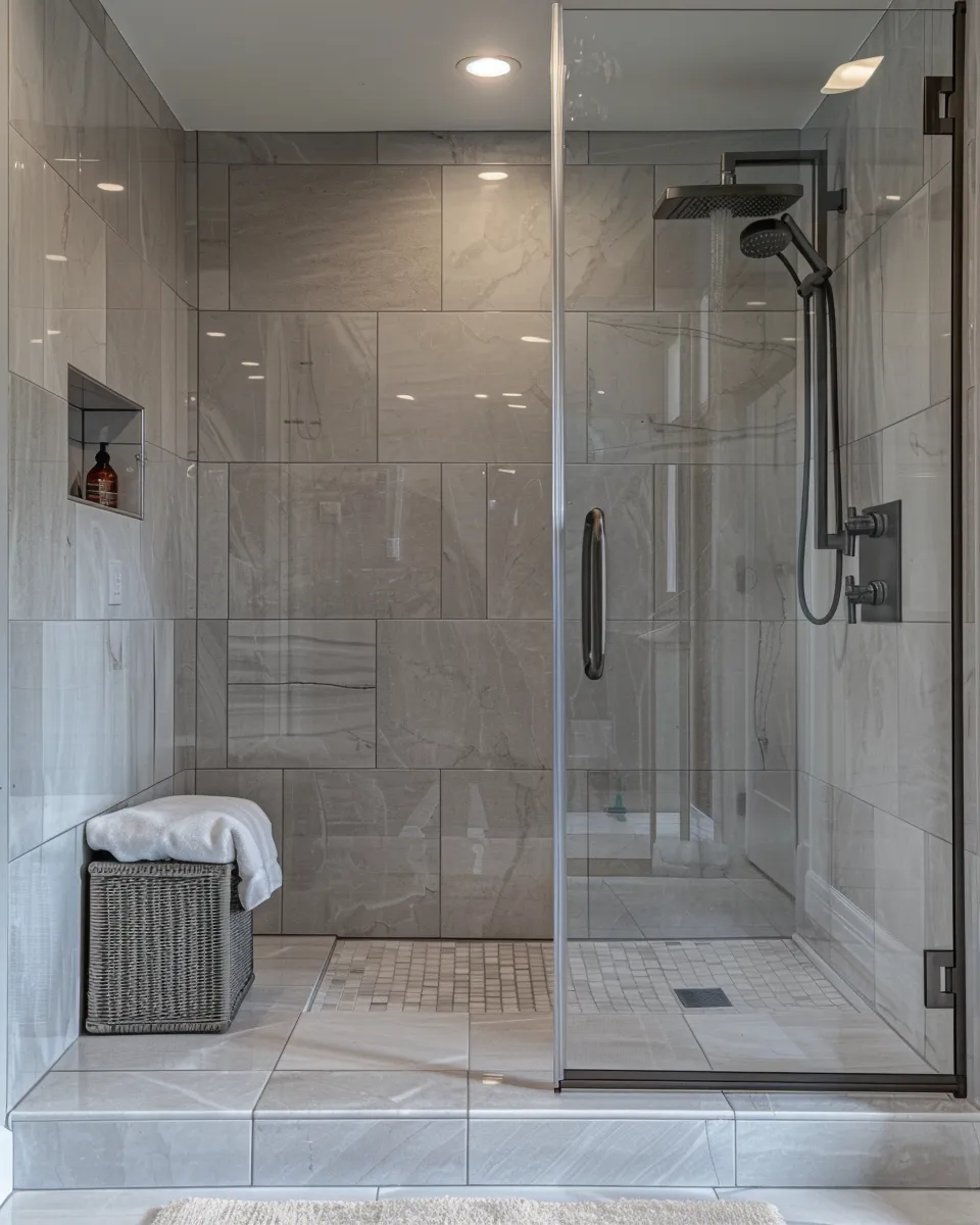Modern tiled walk-in shower with glass door, rainfall showerhead, built-in shelf with bottle, and a wicker basket with towel.