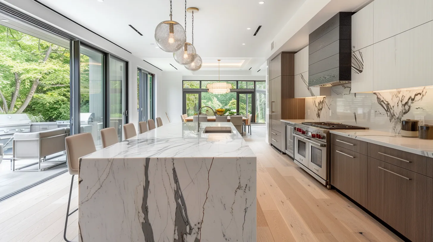Modern kitchen with a long marble island, pendant lights, wood flooring, and large glass doors overlooking outdoor seating and greenery.