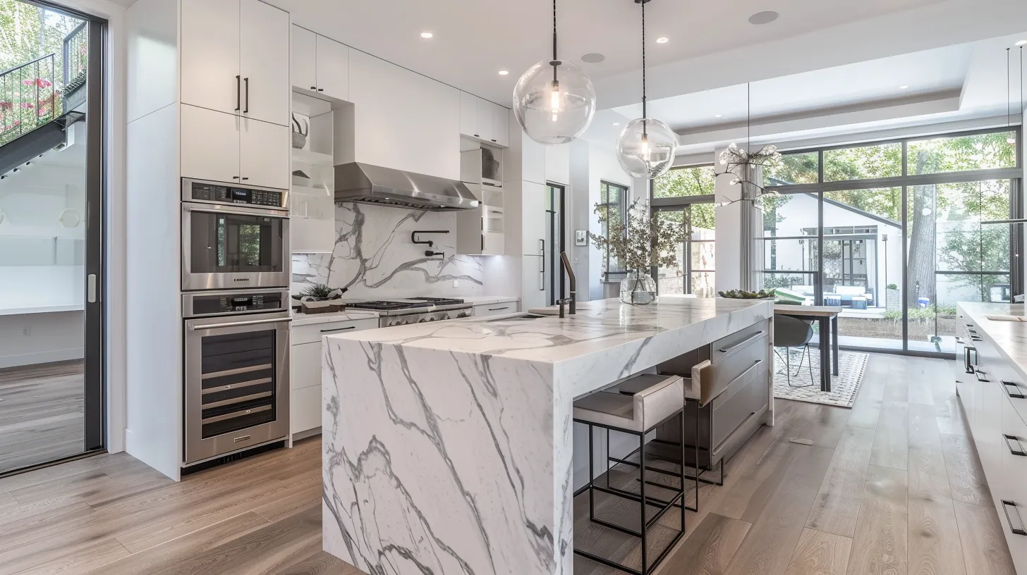 Modern kitchen with a large white marble island, two stools, stainless steel appliances, pendant lights, and floor-to-ceiling windows overlooking a backyard.