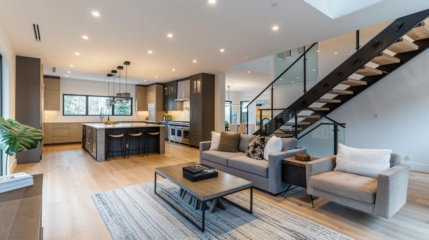 Modern open-concept living room and kitchen with gray sofa, armchair, wooden coffee table, kitchen island with bar stools, and staircase with glass railing.