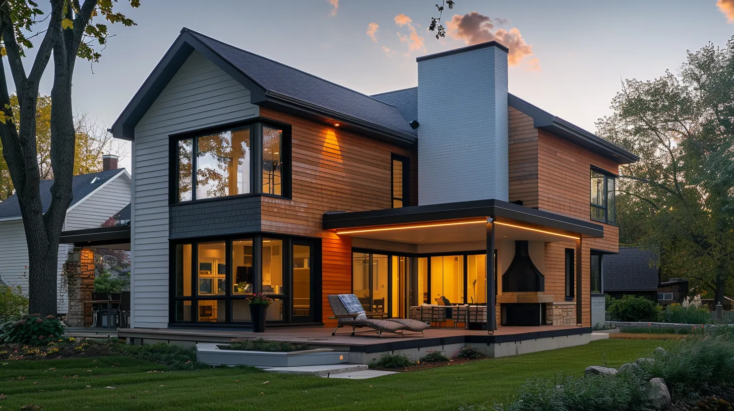Modern two-story house with wood and white siding, large windows, a lit covered patio with outdoor seating, and a lawn at dusk.