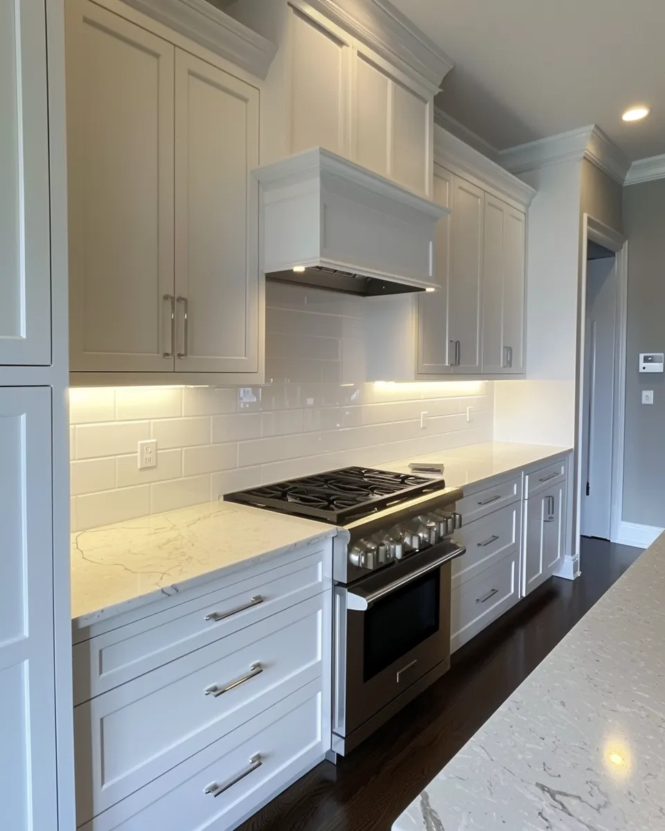 Modern kitchen features white cabinetry, marble countertops, stainless steel gas stove, and under-cabinet lighting.