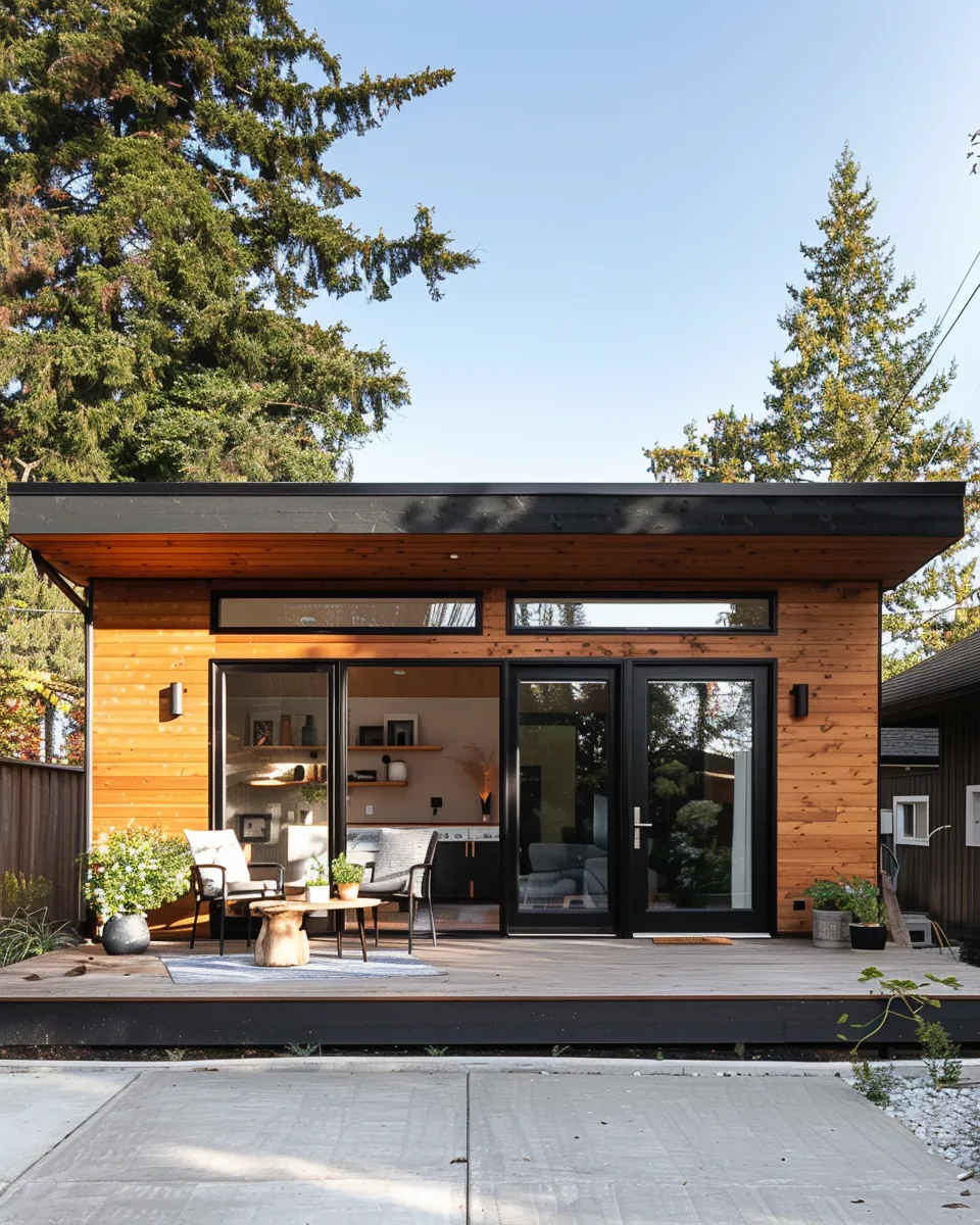 Modern small wooden cabin with black-framed glass doors, a front deck, two chairs, a small wooden table, and potted plants under a clear sky.