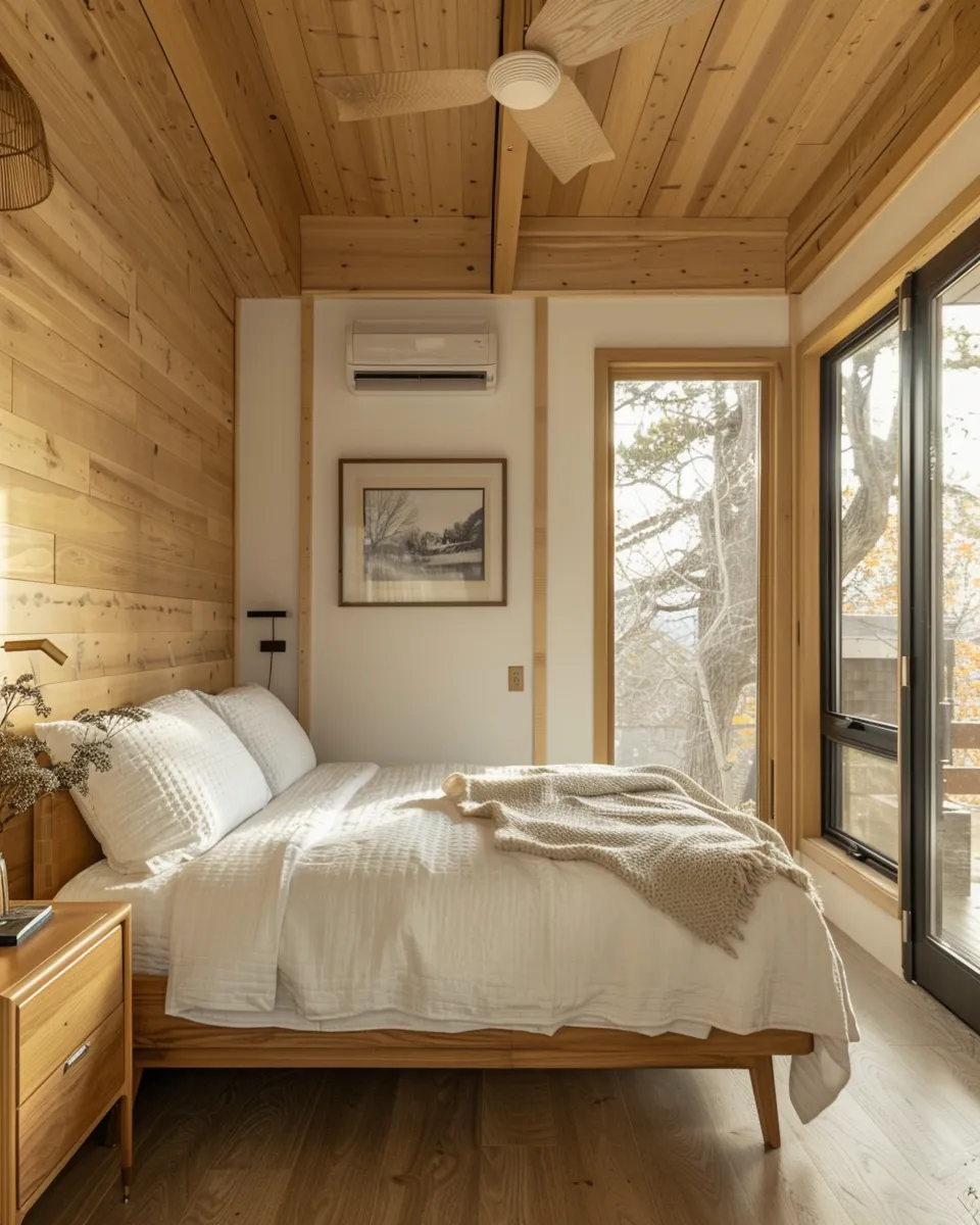Cozy bedroom with wooden walls and ceiling, white bedding on bed, a beige throw blanket, and large windows letting in natural light.