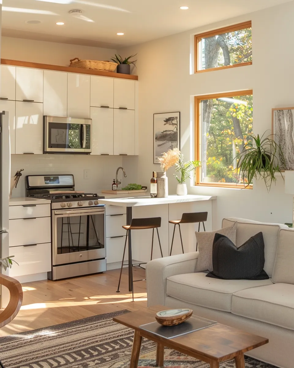 Bright modern kitchen with white cabinets, stainless steel stove and microwave, breakfast bar with two stools, and a beige sofa with black and gray pillows in the foreground.