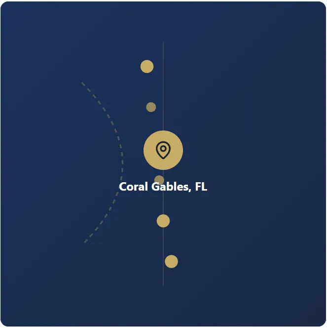 Map marker icon highlighting Coral Gables, Florida on a dark blue background with gold circular points in a vertical line.
