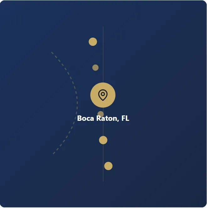 Dark blue map with vertical gold dots and a larger dot marked Boca Raton, FL with a location pin icon.