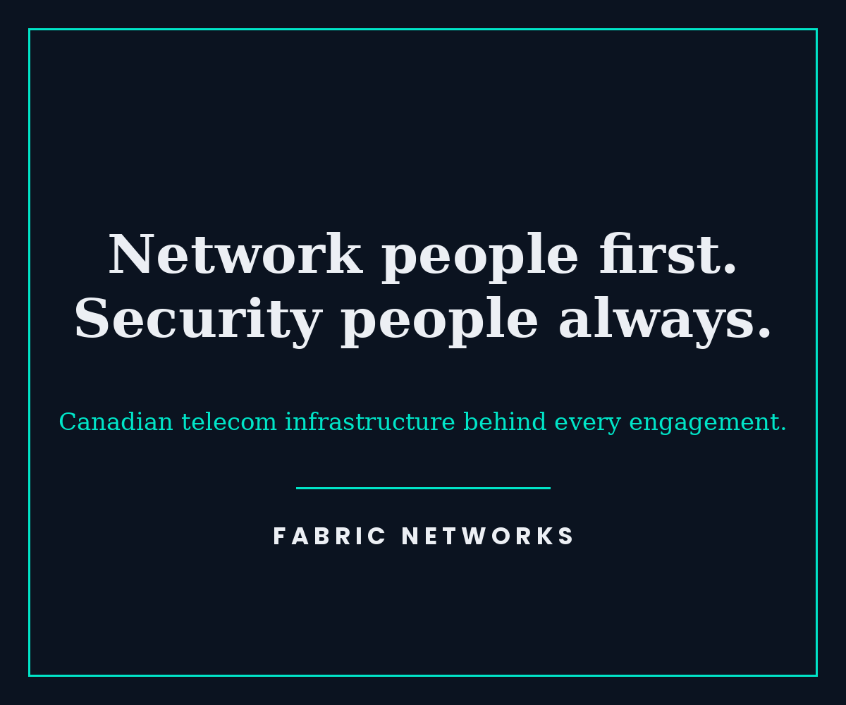 Network people first. Security people always. Canadian telecom infrastructure behind every engagement. Fabric Networks.