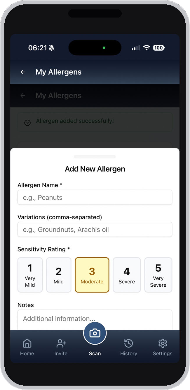 Mobile app screen showing form to add a new allergen with fields for allergen name, variations, sensitivity rating selection from 1 to 5, and notes.