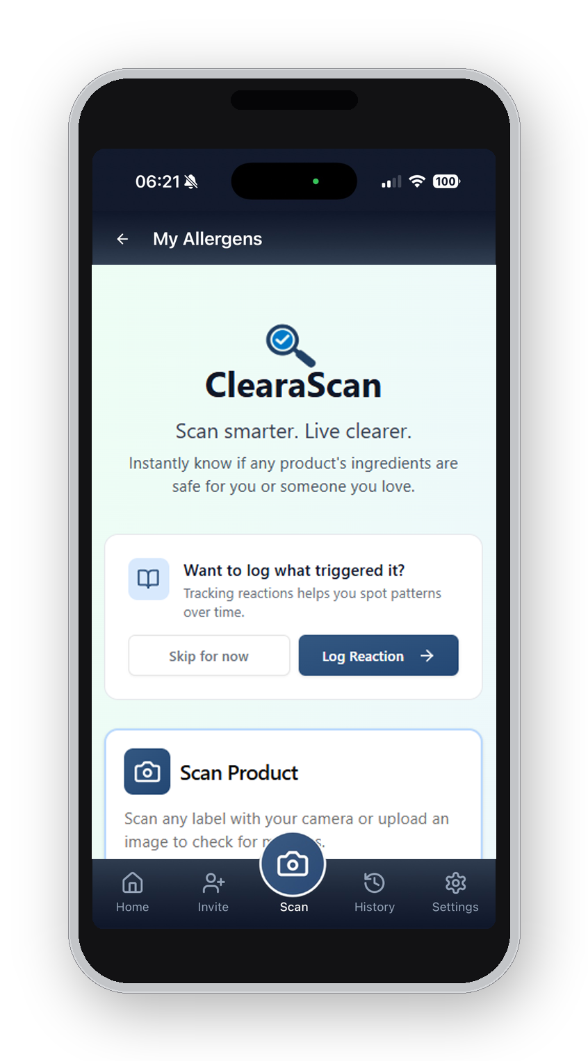 Mobile screen showing ClearaScan allergen app with options to log reaction or scan product label using camera.