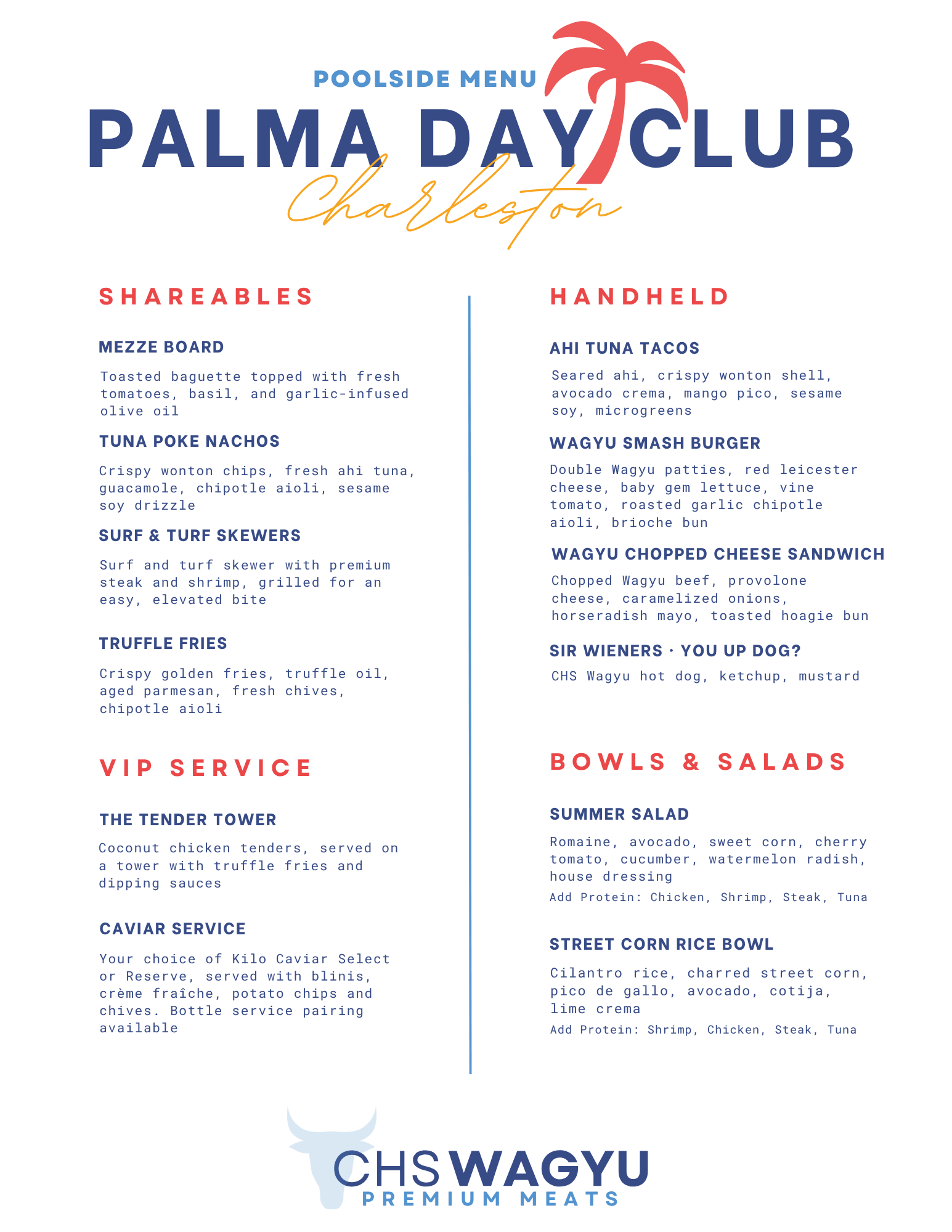 Palma Day Club poolside menu in Charleston featuring shareable appetizers, handheld items, VIP service options, and bowls & salads including Wagyu Smash Burger and Summer Salad.