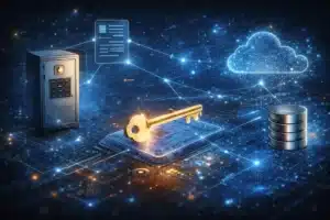 Digitale Darstellung von Schlüsselmanagement mit kryptografischem Schlüssel, Server, Cloud und Datenbank im vernetzten IT-System.