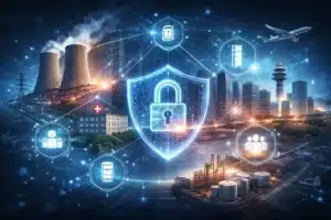 Digitale Sicherheitsvisualisierung von KRITIS-Sektoren wie Energie, Gesundheit und Industrie mit zentralem Schutzsymbol und vernetzter Infrastruktur.