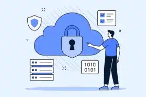 llustration zu Cloud Security: Person mit Laptop in einer sicheren Cloud-Umgebung, Server und Schutzschild symbolisieren Datensicherheit.