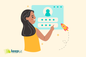 llustration einer Frau, die auf ein digitales Anmeldeformular mit Passwortfeldern zeigt, daneben eine kleine Rakete; unten links das keepbit IT-Solutions Logo.
