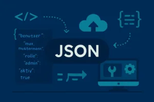 Illustration zum Datenformat JSON – zentrale Darstellung in der Mitte, umgeben von IT- und API-Symbolen. 
