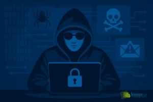 Illustration eines Hackers mit Hoodie und Laptop, umgeben von Symbolen für Cyberangriffe wie Schädel, Spinne und Warn-Icons.