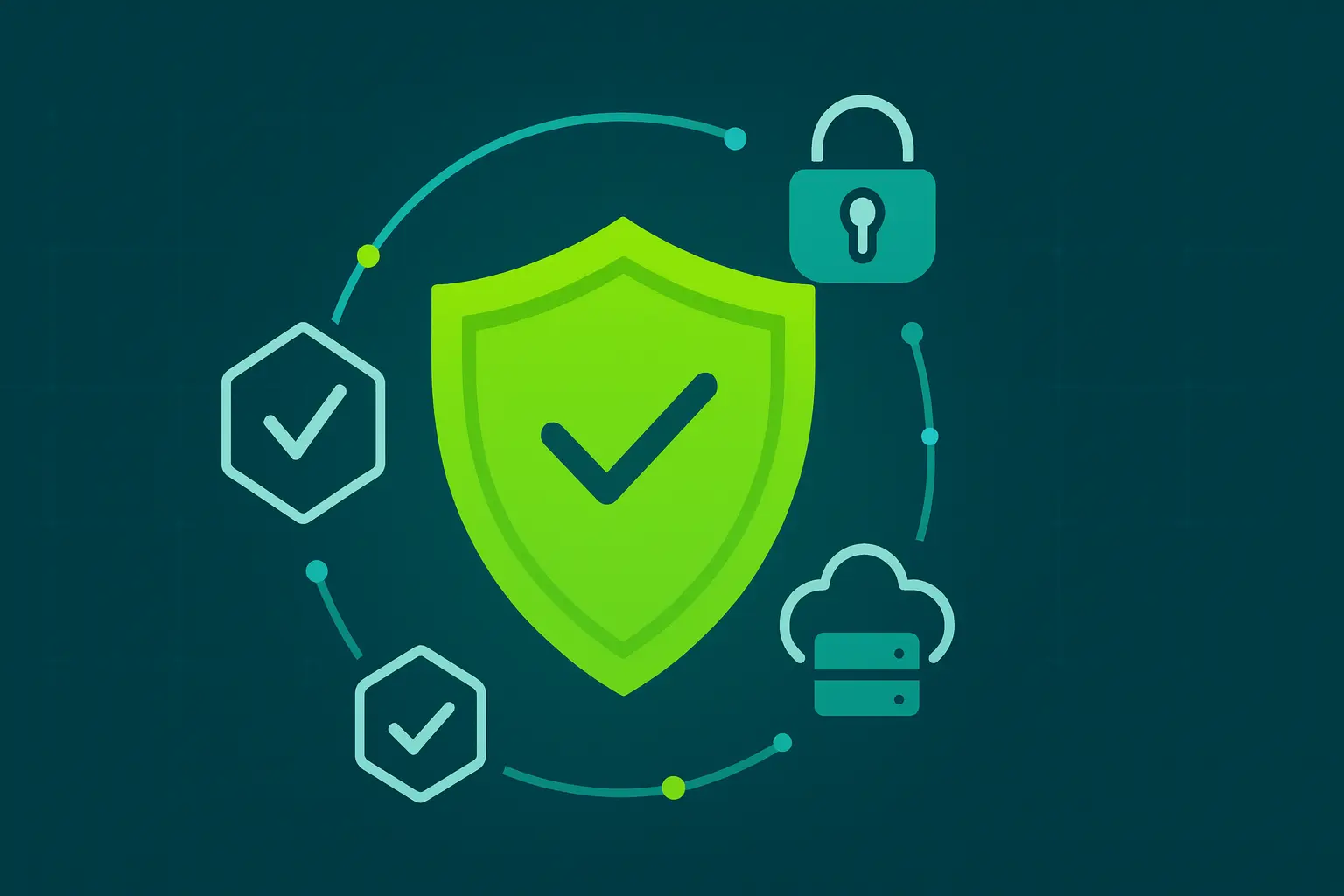 ISO-27001/ISMS Illustration: grünes Schild mit Häkchen auf dunkel-türkisem Hintergrund, umgeben von Schloss-, Cloud- und Prüf-Icons – Vertraulichkeit, Integrität, Verfügbarkeit.
