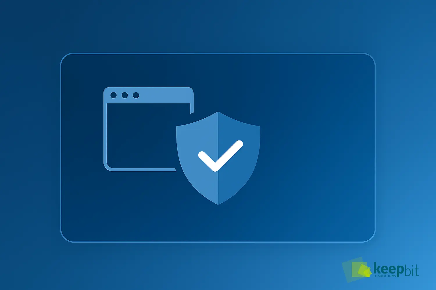 Blaues Symbolbild mit Browser-Icon und Schild mit Häkchen als Zeichen für IT-Sicherheit.