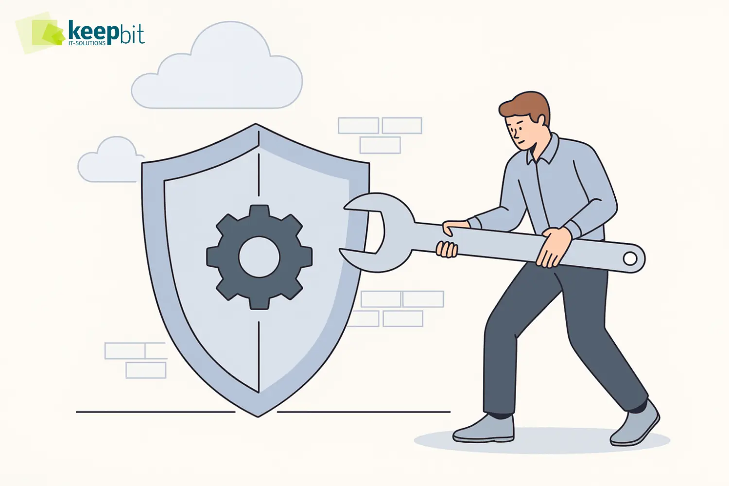 Mann mit Schraubenschlüssel repariert Schild mit Zahnrad, Symbol für IT-Grundschutz, keepbit Logo