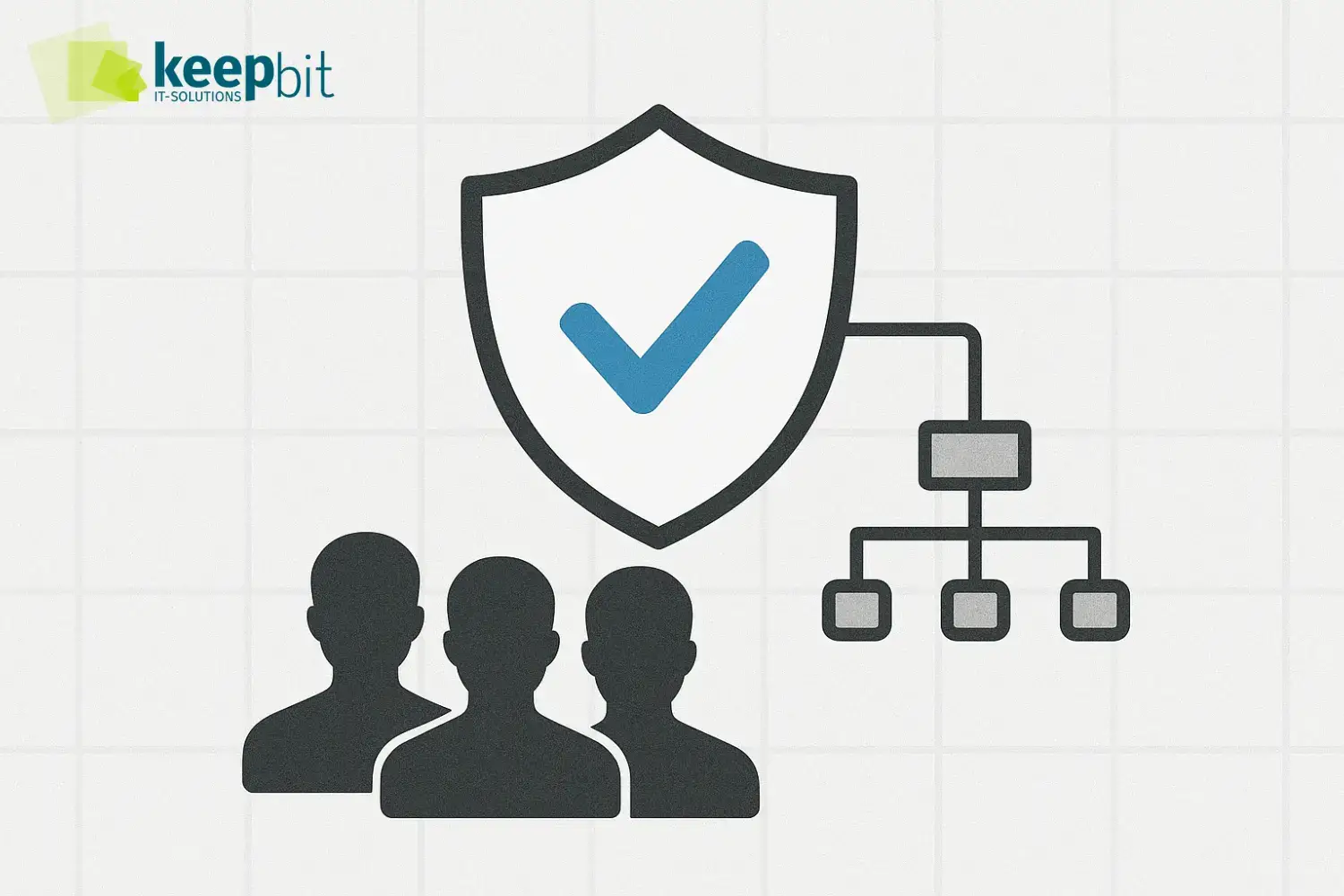 Schild mit Häkchen, drei Personen und Netzwerkdiagramm, Keepbit IT-Solutions Logo oben links