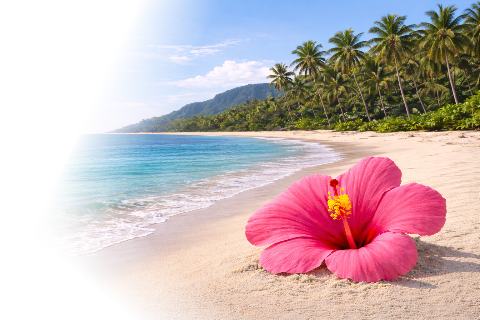 Pink hibiscus flower on a sandy tropical beach with palm trees and blue ocean waves.