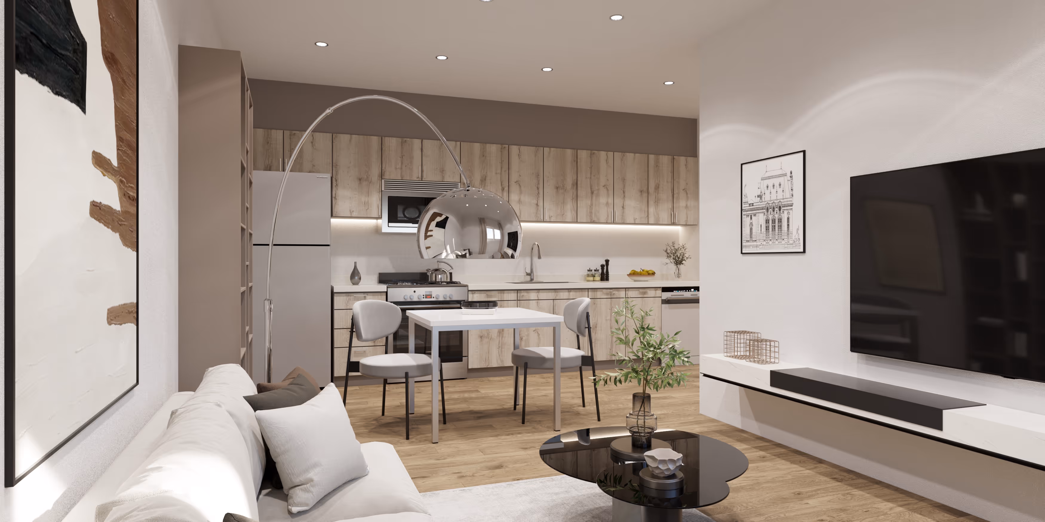 Living room and kitchen apartment rendering 