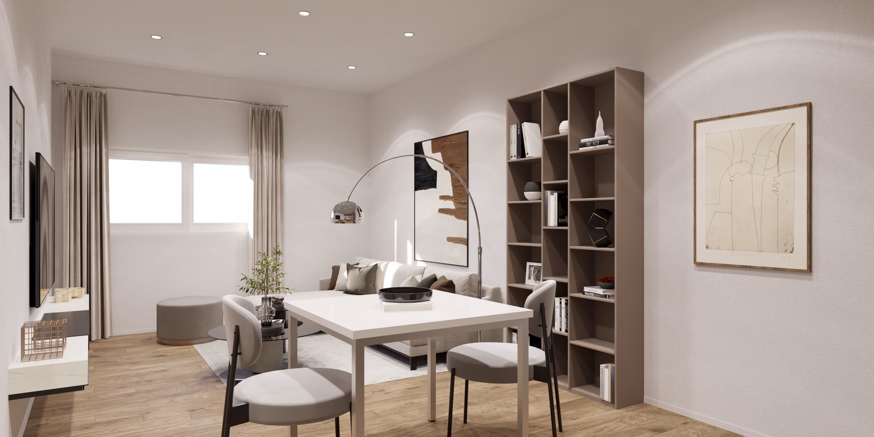Living room and kitchen apartment rendering 