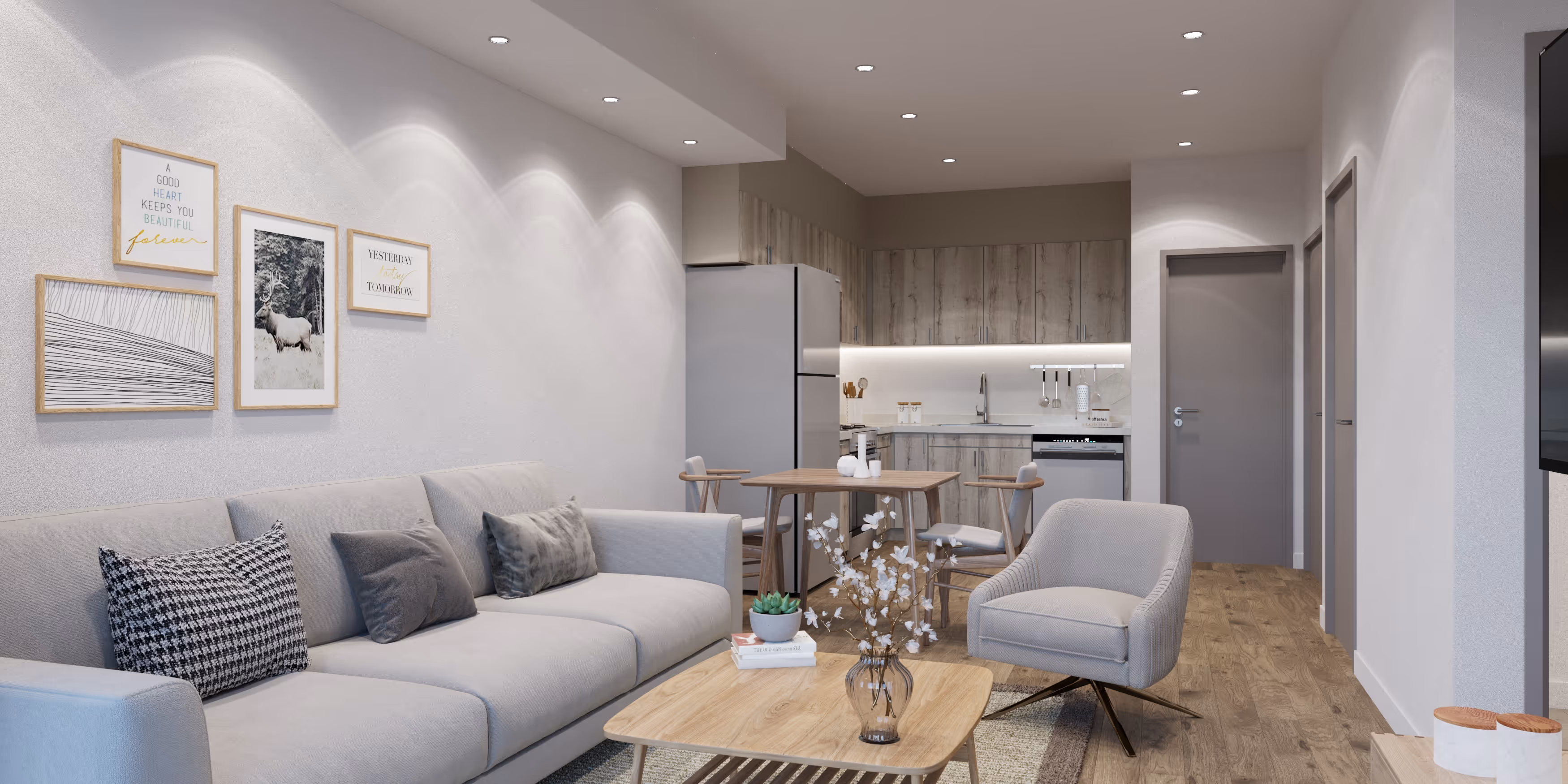 Living room and kitchen apartment rendering 