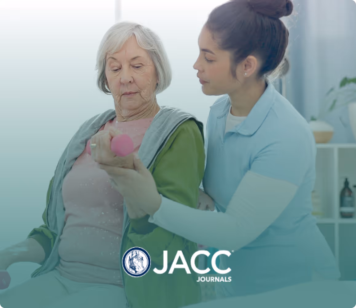 A young female caregiver assists an elderly woman lifting a pink dumbbell during a physical therapy session.