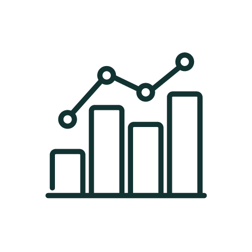 Icon of a bar chart with four vertical bars of varying heights connected by a line graph with four data points.