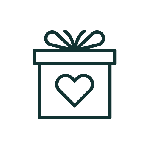 Outline icon of a gift box with a bow on top and a heart symbol on the front.