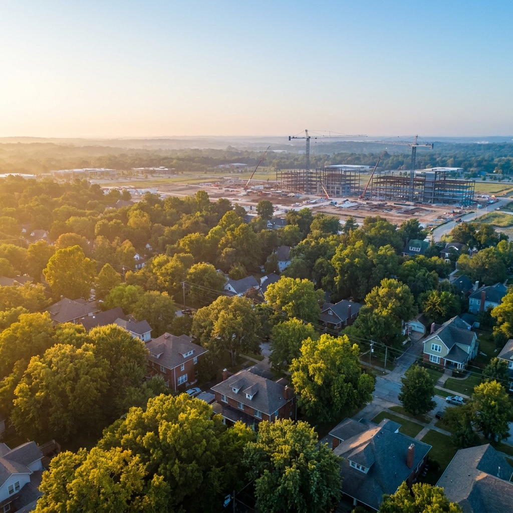 Aerial view of a mature Northwest Arkansas neighborhood bordering new commercial development