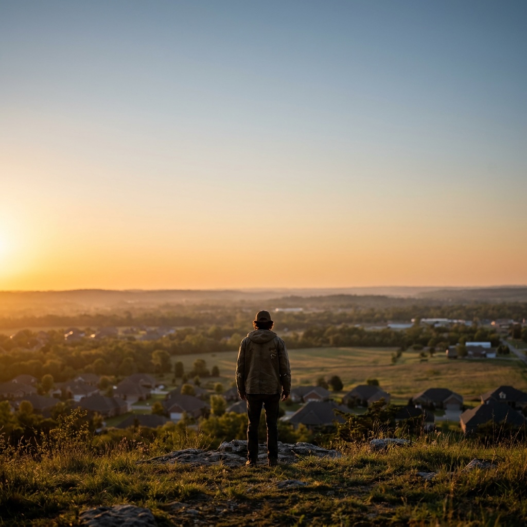 Figure surveying Northwest Arkansas land from a hilltop at golden hour, representing Mason Capital Group's forward-looking vision