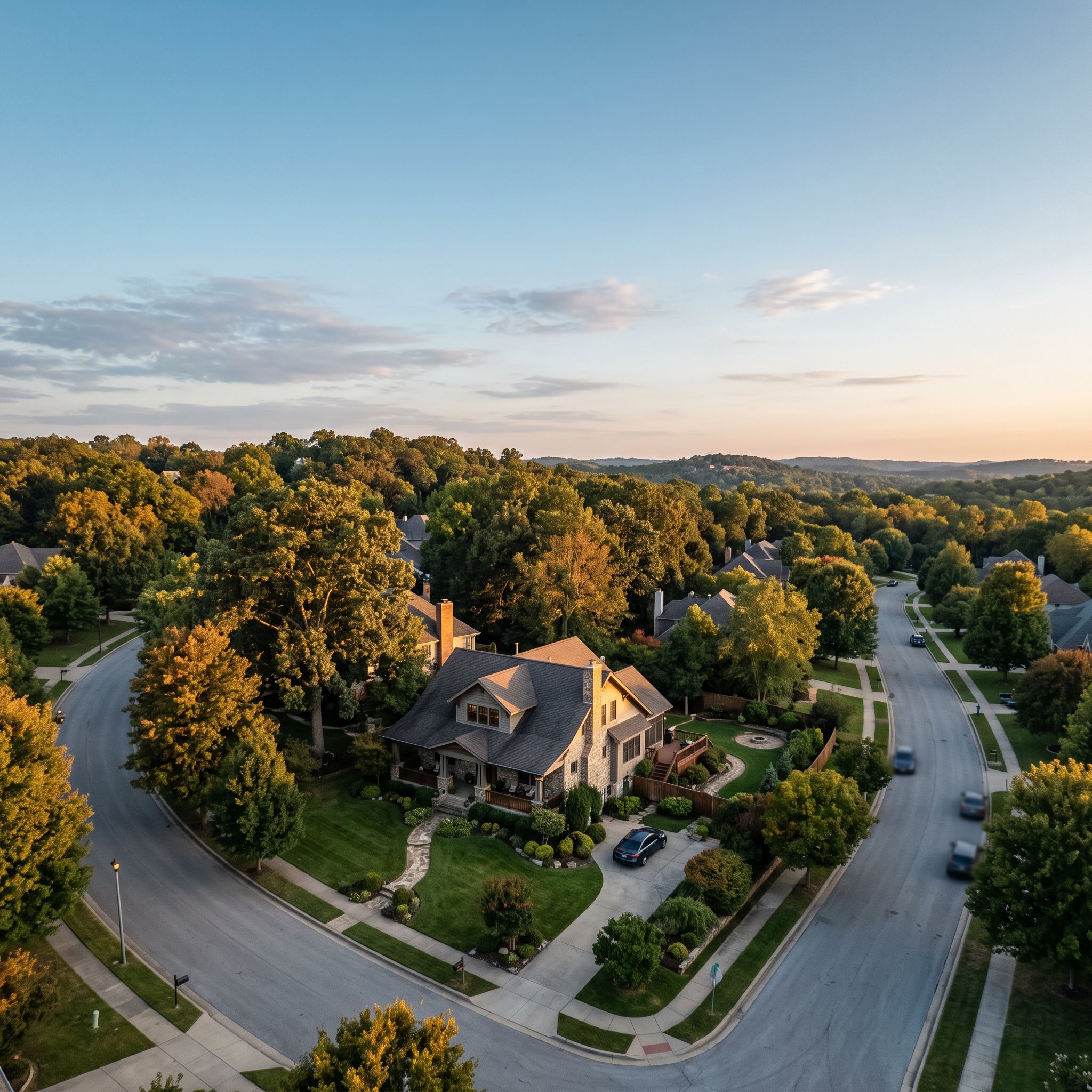 Aerial view of a well-maintained property on a tree-lined Northwest Arkansas street