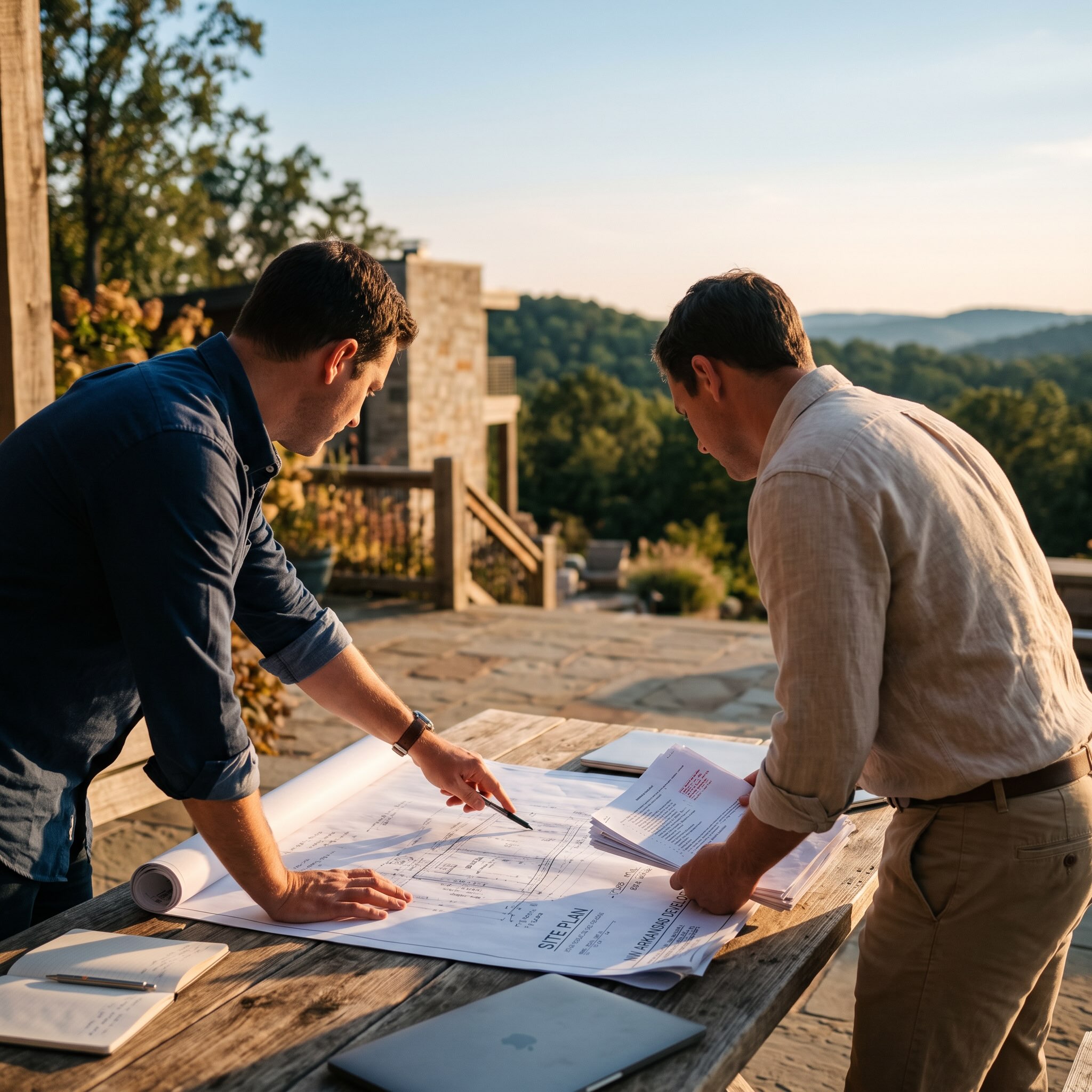 Two professionals reviewing property documents together outdoors, representing transparent client communication