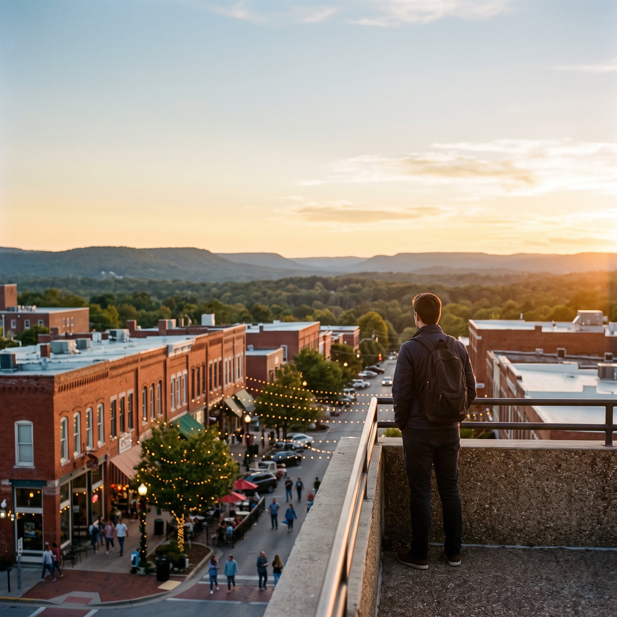 Overlook of a walkable Northwest Arkansas downtown square framed by the Ozark ridgeline