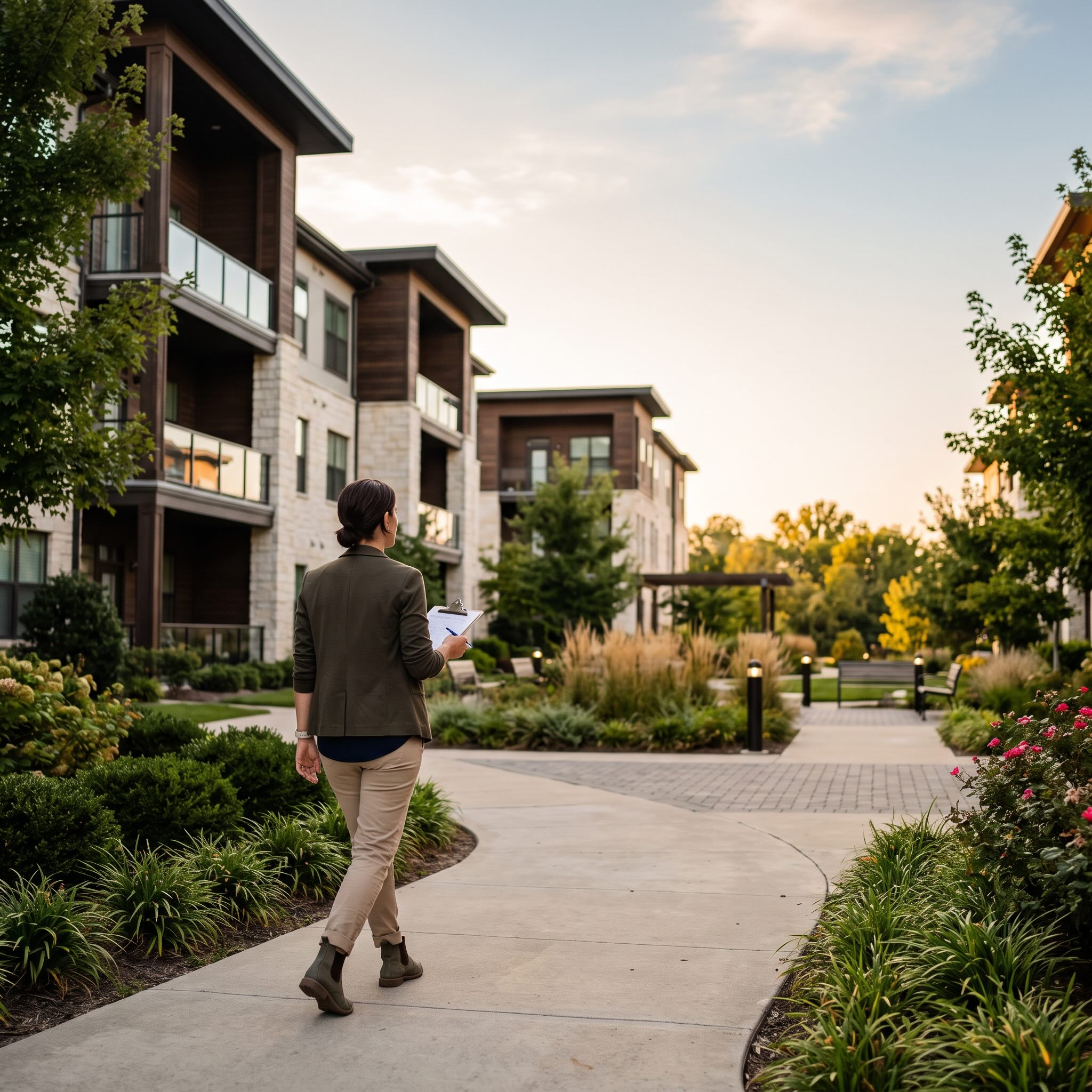 Property manager walking the grounds of a well-maintained Northwest Arkansas residential community